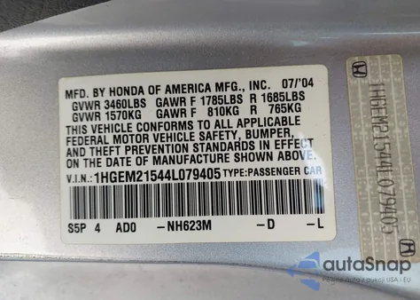 2004 Honda Civic Lx z USA, uszkodzony, nr VIN 1HGEM21544L079405